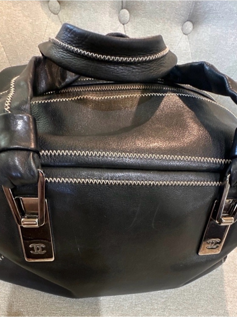 Authentic CHANEL Black Lambskin Leather Bowler Handbag - Picture 3 of 12